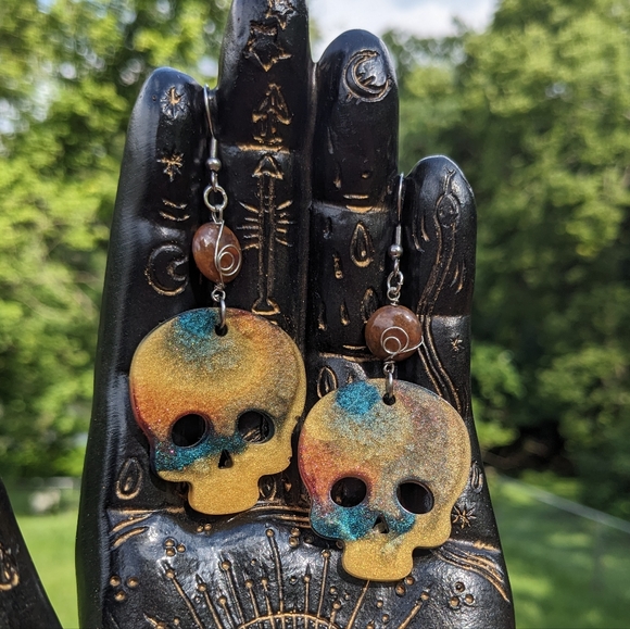 Fancy Jasper Earrings Beads Resin Skull Silver Wire Wrapped Resin Lightweight - Picture 6 of 9